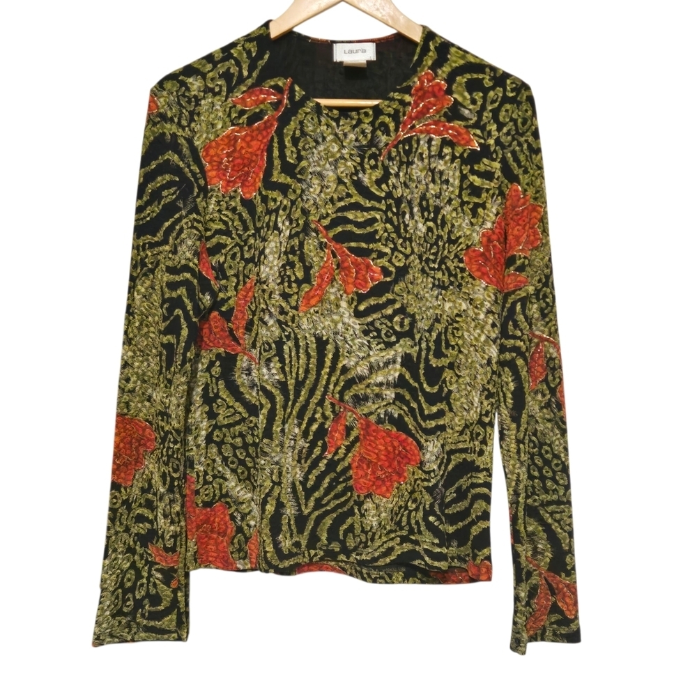 Vintage Laura Textured Stetchy Green and Red Patterned Women's Top XL